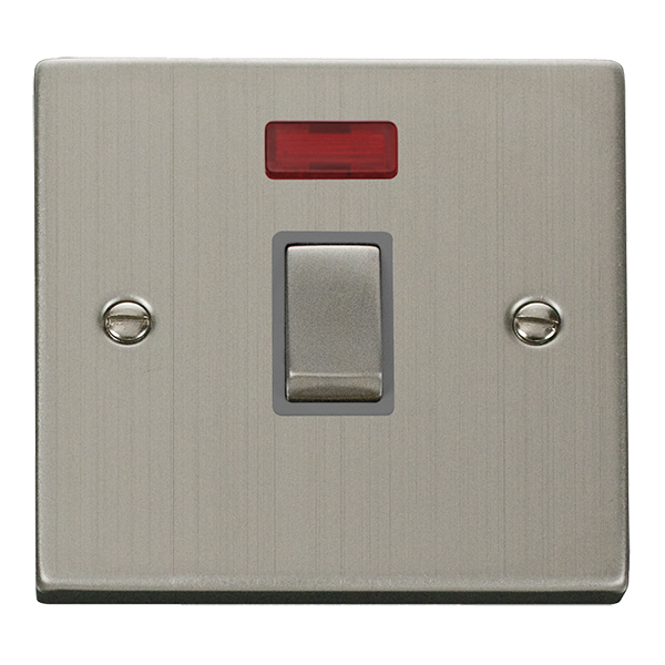 Stainless Steel 1 Gang 20A Ingot DP Switch With Neon - Grey Trim