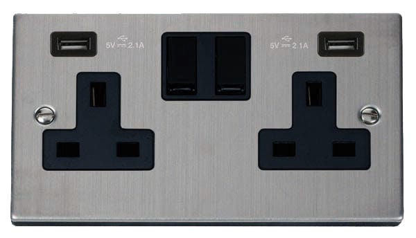 Stainless Steel - Black Inserts Stainless Steel 2 Gang 13A 2 USB Twin Double Switched Plug Socket - Black Trim