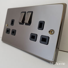 Black Nickel - Black Inserts Black Nickel 2 Gang 13A DP Ingot 1 USB Twin Double Switched Plug Socket - Black Trim